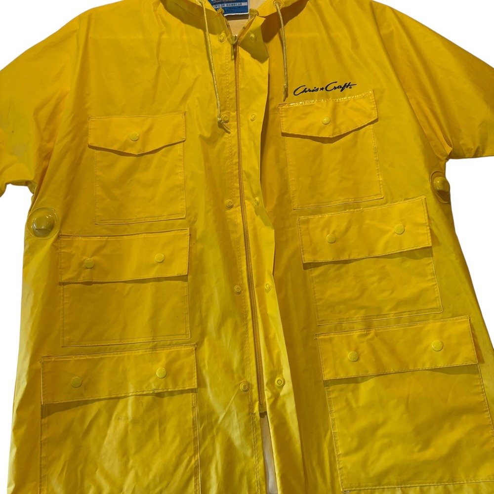Chris-Craft Vintage Yellow PVC Nylon Rain Jacket Mens Medium Hooded Slicker 7022 - Picture 6 of 14